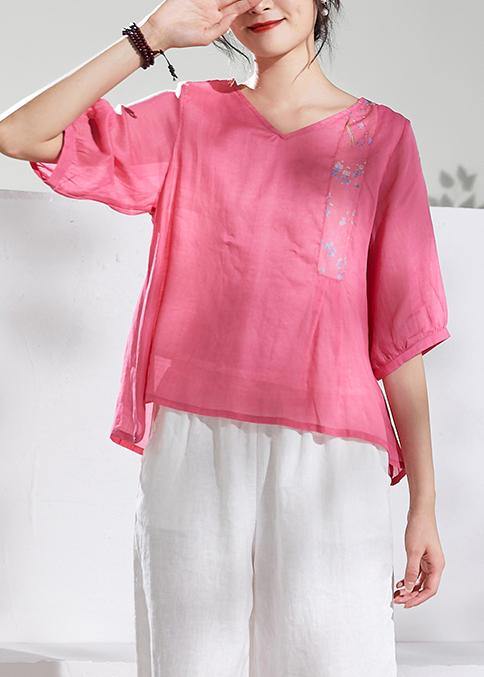 Natural v neck half sleeve linen summerclothes For Women pink print blouse