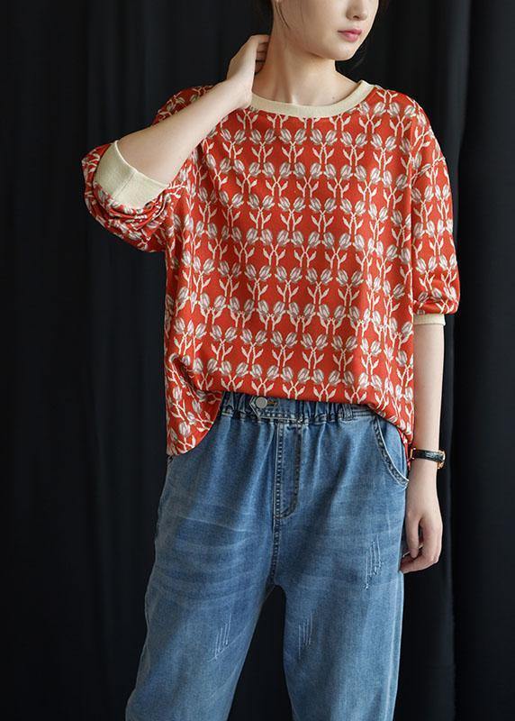 Women red prints blended linen tops women o neck Plus Size Clothing fall tops