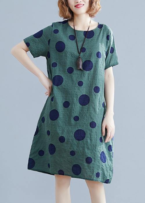 Women green dotted Cotton Tunic o neck pockets loose Dress