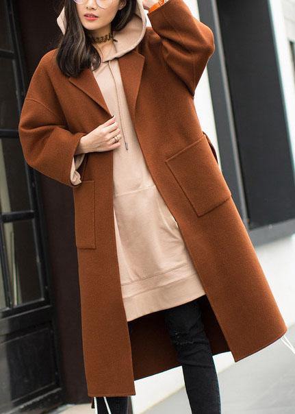 2019 plus size medium length coat Notched coat brown tie waist side open Woolen Coat Women