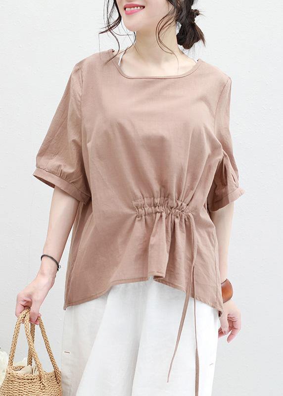 Women o neck lantern sleeve cotton linen tunic top Neckline khaki summer blouses