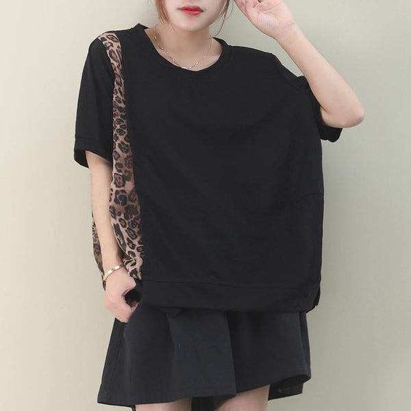 Italian black cotton clothes For Women o neck patchwork Leopard Knee blouses