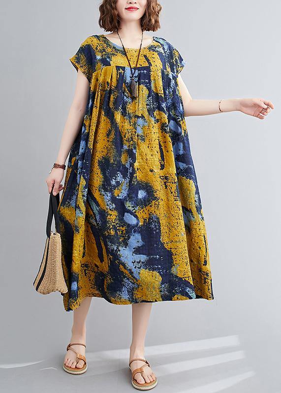 Women yellow print quilting dresses o neck Cinched Maxi summer Dress