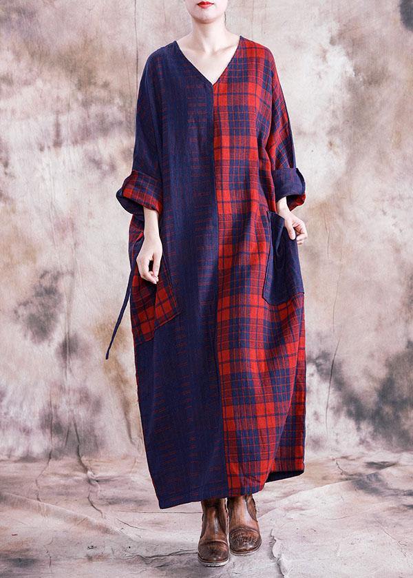 Simple v neck tie waist linen cotton dress linen red plaid Dresses fall