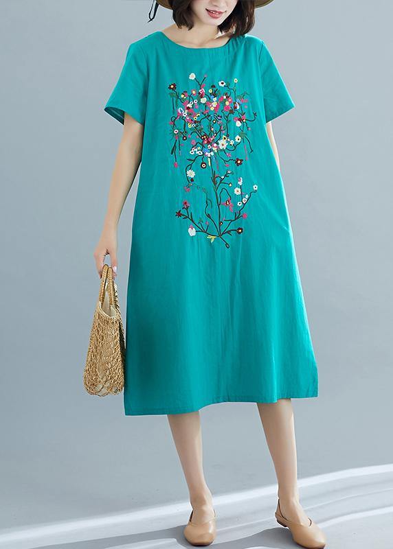 Loose green prints Cotton dresses Women pattern o neck Plus Size summer Dresses