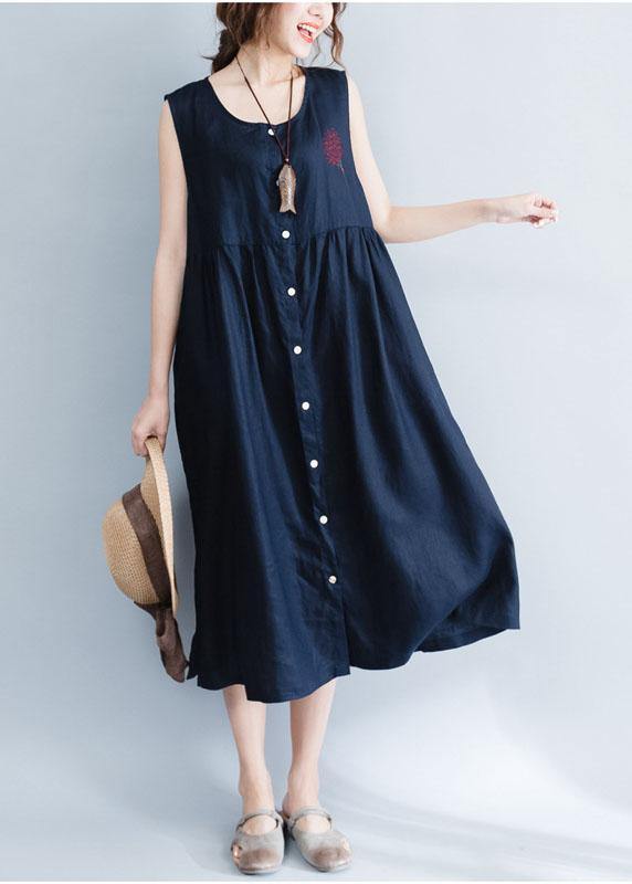 Women navy patchwork linen cotton clothes For Women sleeveless Maxi summer Dress