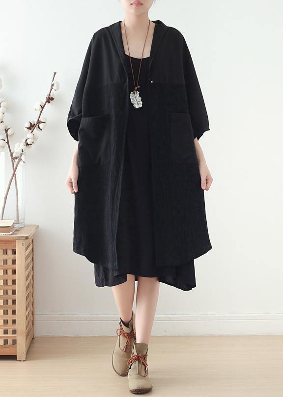 Loose v neck patchwork linen clothes Photography black Dress fall