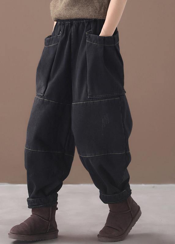 2019 winter black patchwork cotton pants two pockets thick denim pants