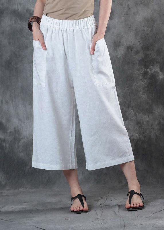 2019 women linen pants loose elastic waist crop white pants