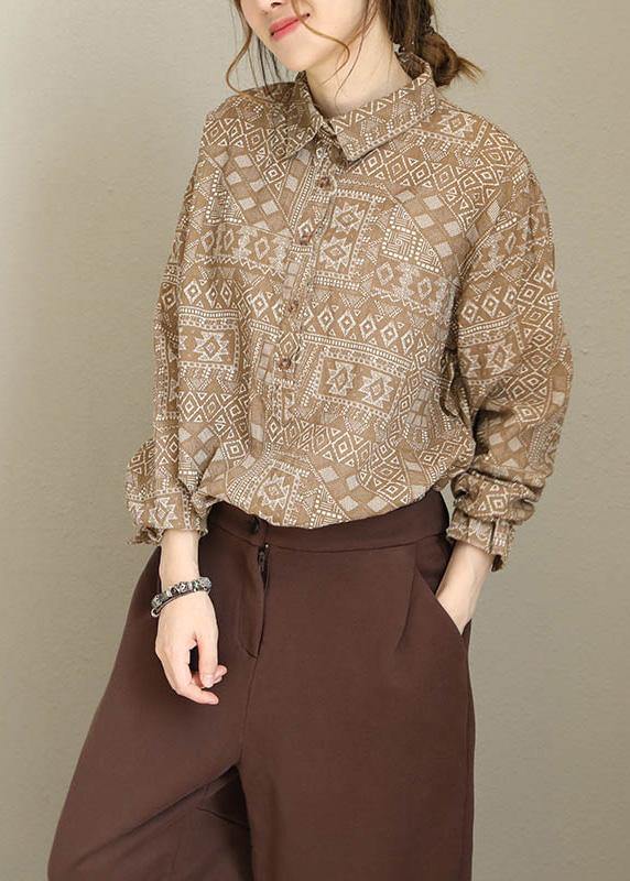 Modern khaki prints cotton linen crane tops Tutorials lapel collar long sleeve tops