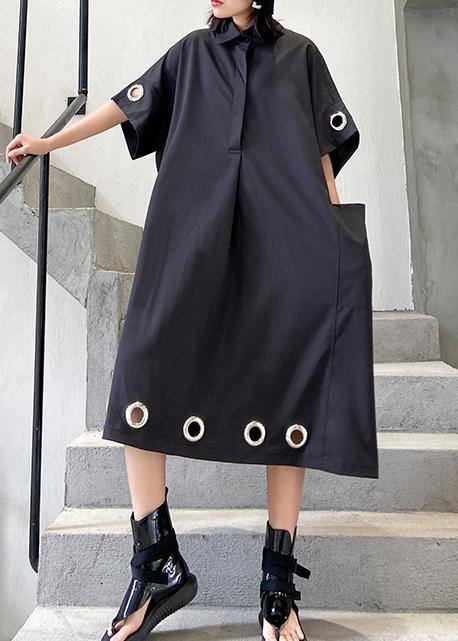 Women black cotton Tunics lapel patchwork Maxi summer Dress