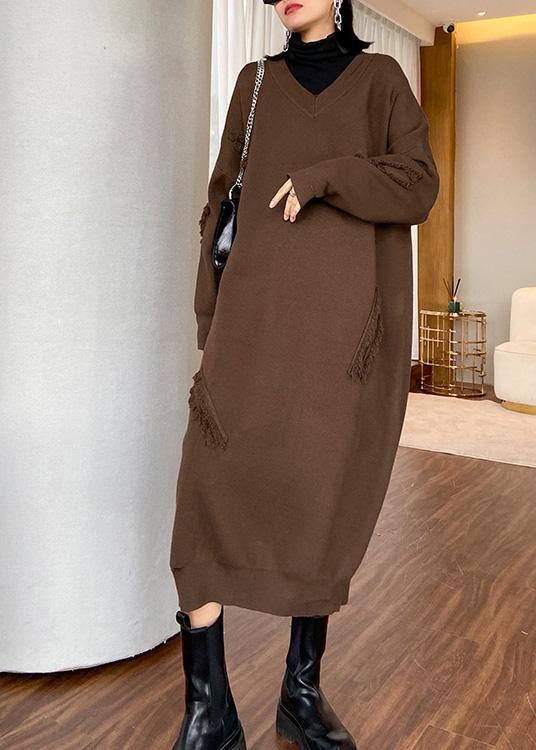 For Work v neck baggy Sweater dress outfit Moda chocolate Funny knitted dress