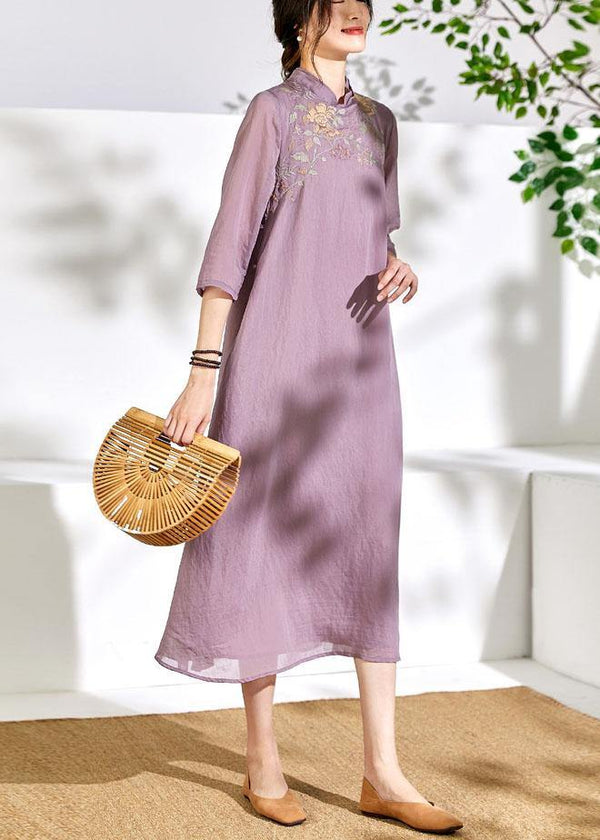 French light purple linen Wardrobes stand collar embroidery Maxi  Dresses