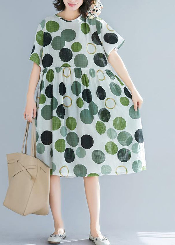 Art green dotted linen plus size Catwalk o neck short sleeve baggy Summer Dresses