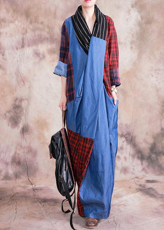 Women v neck Cinched cotton linen clothes design red plaid Dresses fall