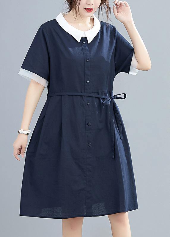 Modern lapel tie waist summer clothes For Women Neckline navy Dresses