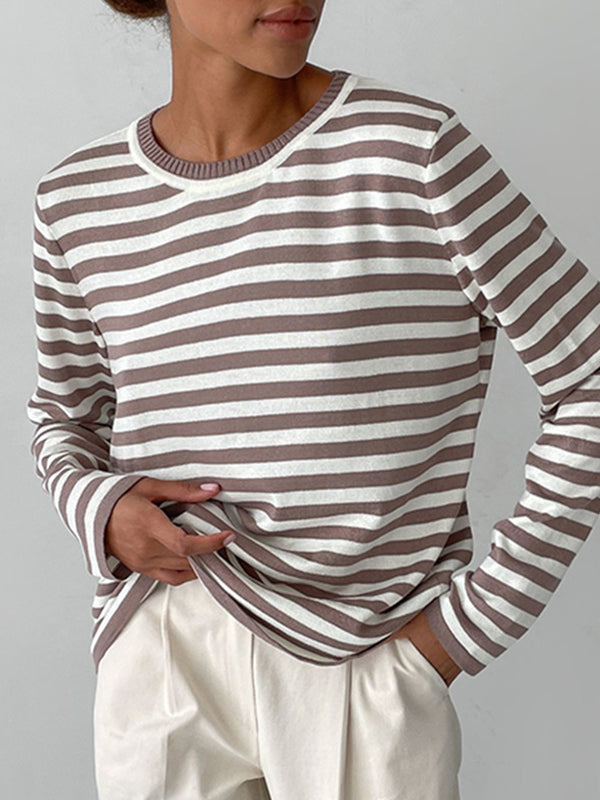 Long Sleeves Loose Split-Joint Striped Round-Neck Sweater Tops