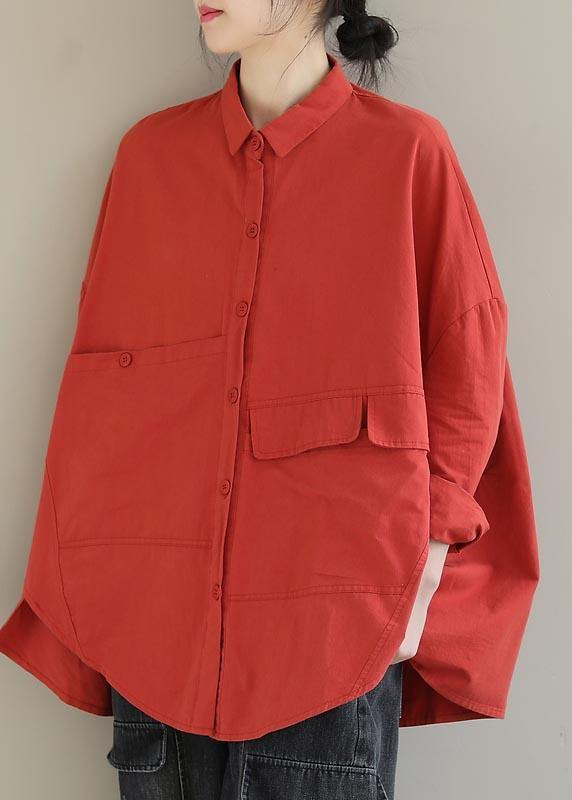 Elegant Red Blouse Lapel Asymmetric Short Shirt Top