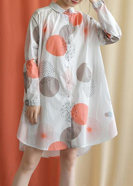 Women red dotted Cotton tunic pattern lapel asymmetric baggy fall Dresses