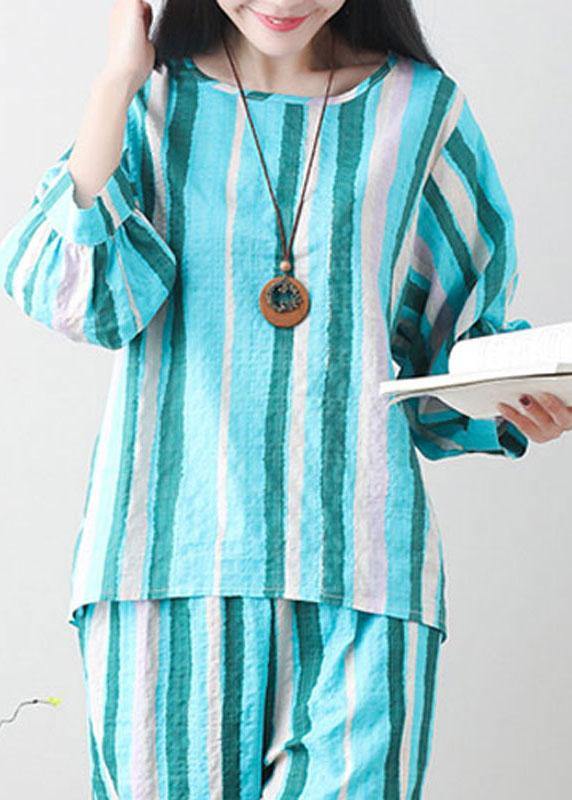 Unique green linen clothes For Women Tunic Tops striped summer top