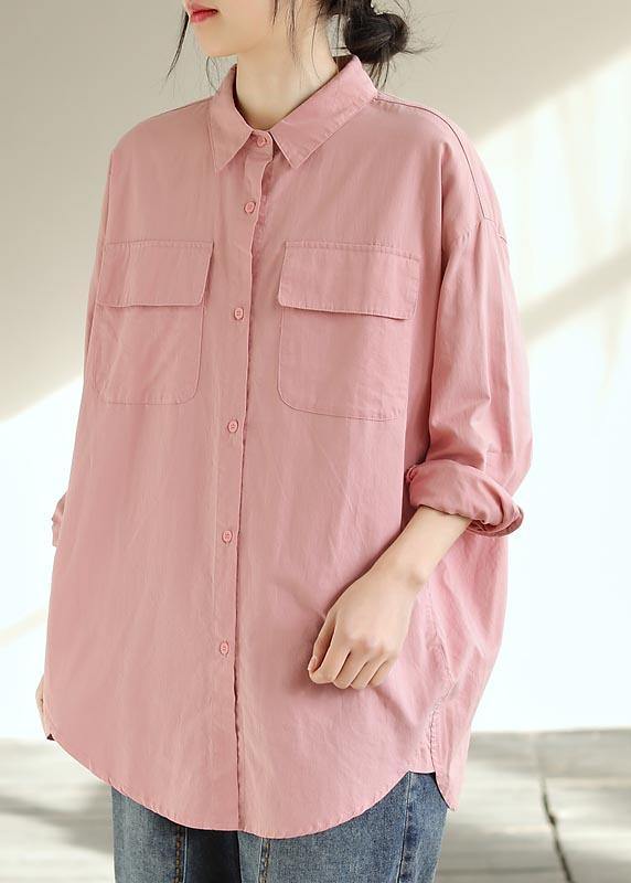 Natural Pink Crane Tops Lapel Pockets Vestidos De Lino Spring Shirts