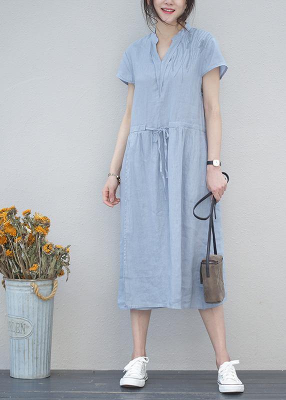 DIY v neck drawstring linen summer Robes Tunic blue Dresses