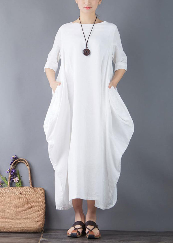 Organic o neck patchwork linen clothes For Women Shape white Dress summer