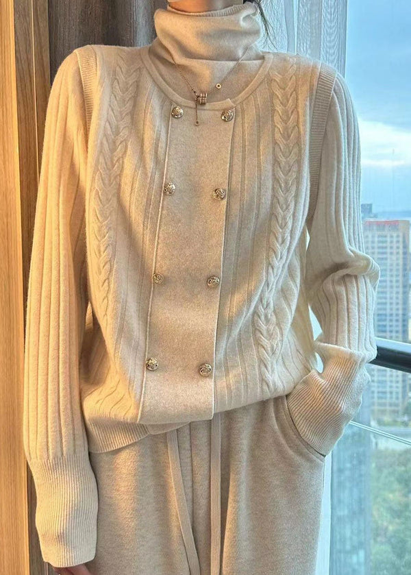 Apricot Double Breast False Two Knit Sweaters Hign Neck Winter