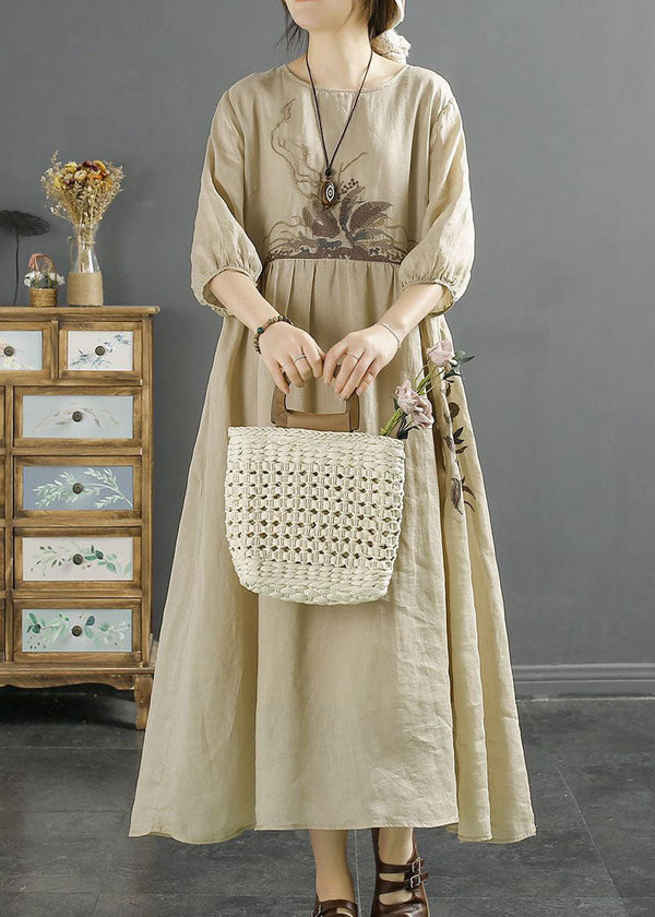 Apricot Patchwork Linen Dresses Embroidered O-Neck Wrinkled Bracelet Sleeve