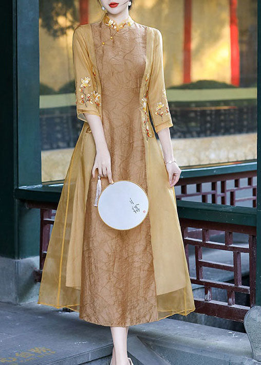 Apricot Patchwork Silk Dress Embroidered Stand Collar Spring