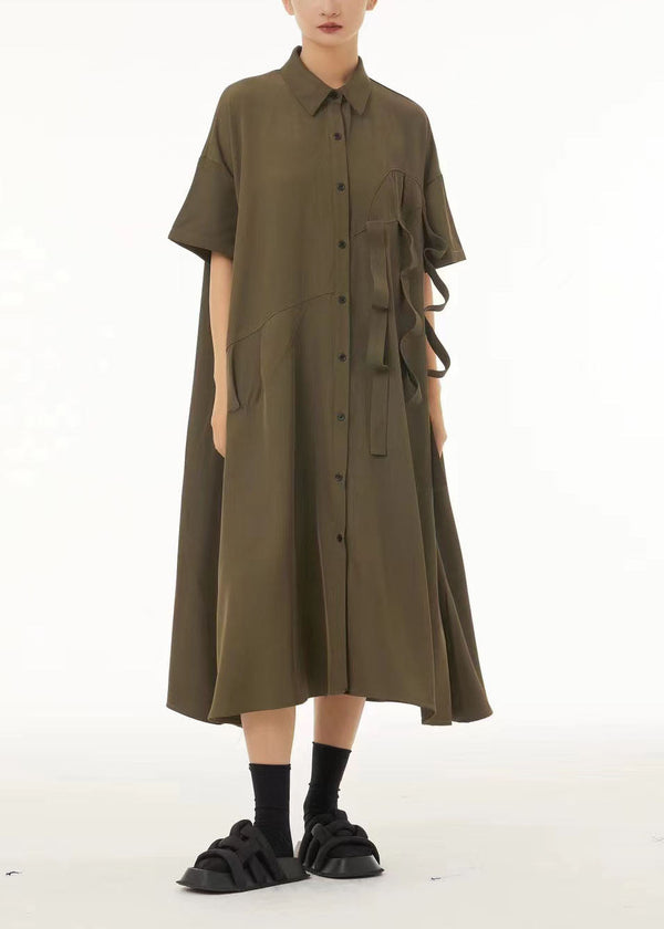 Army Green Patchwork Cotton Shirt Dresses Oversized Original Design Summer