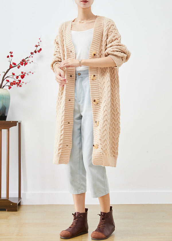 Art Beige Button Down Warm Cable Knit Loose Coat Fall