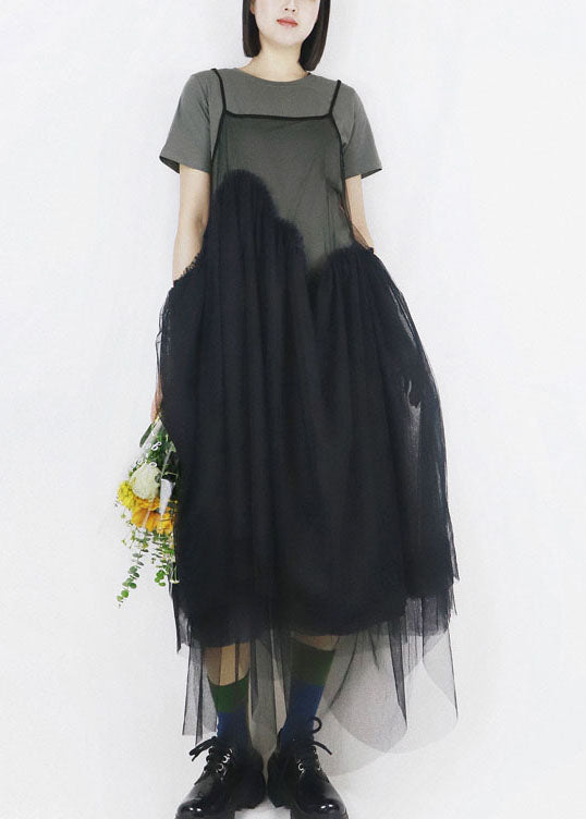 Art Black Asymmetrical Design Tulle Spaghetti Strap Long Dresses Smock Summer