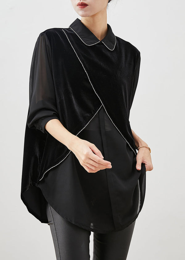 Art Black Asymmetrical Patchwork Silk Velour Blouses Spring