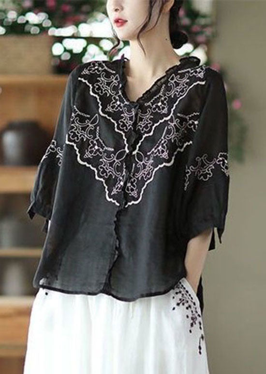 Art Black Embroidered Patchwork Linen Tops Summer