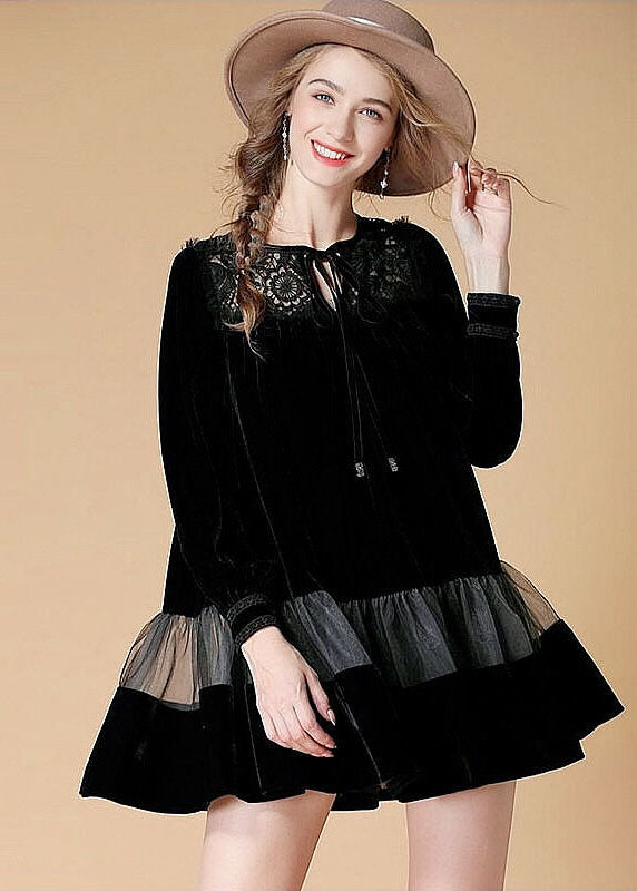 Art Black O Neck Embroidered Patchwork Velour Dresses Spring