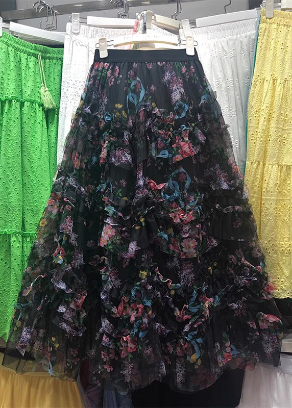 Art Black Print Elastic Waists Tulle A Line Skirt Spring