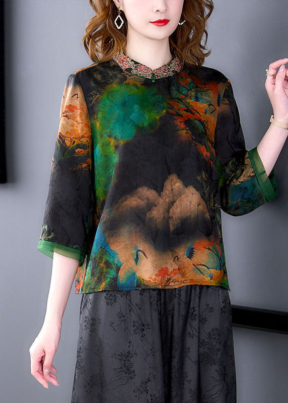 Art Black Stand Collar Embroidered Print Silk Shirt Bracelet Sleeve