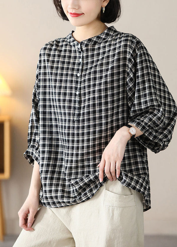 Art Black Stand Collar Plaid Button Linen Shirt Bracelet Sleeve