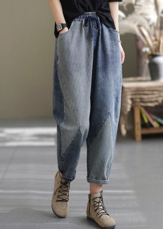 Art Blue Elastic Waist Pockets Patchwork Striped Cotton Denim Harem Pants Fall