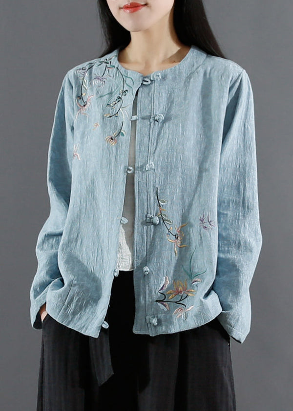 Art Blue Jacquard Embroidered Patchwork Cotton Coat Fall