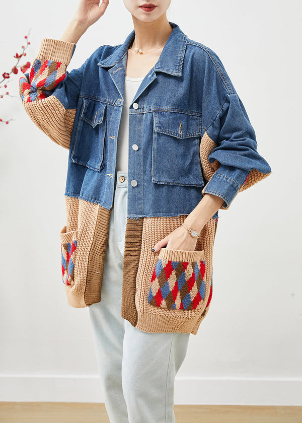 Art Blue Oversized Patchwork Pockets Denim Jacket Fall