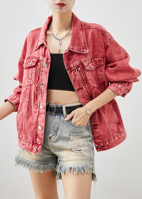 Art Brick Red Zip Up Oversized Denim Jackets Fall