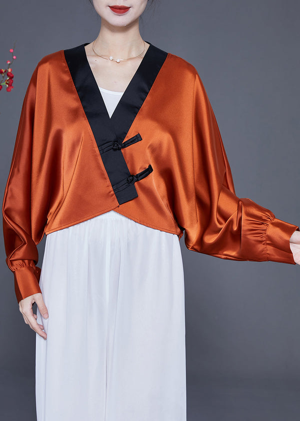 Art Caramel Oversized Patchwork Chinese Button Silk Shirt Spring