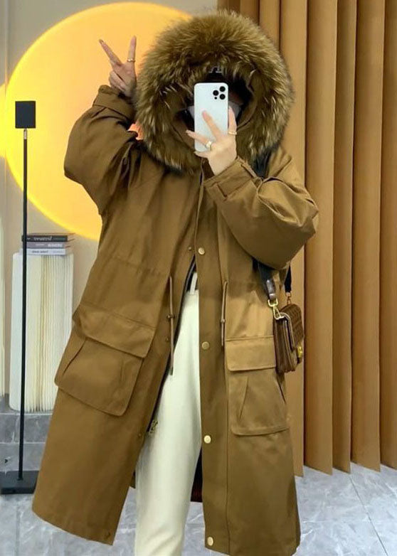 Art Caramel Faux Fur Collar Drawstring Pockets Womens Parka Winter