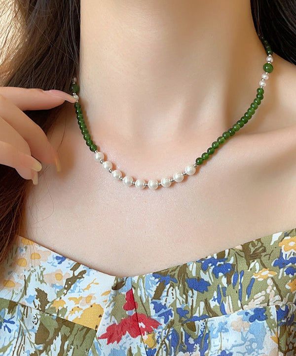 Art Green Copper Alloy Pearl Beading Gratuated Bead Necklace