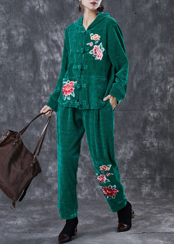 Art Green Embroidered Chinese Button Corduroy Two Piece Suit Set Spring