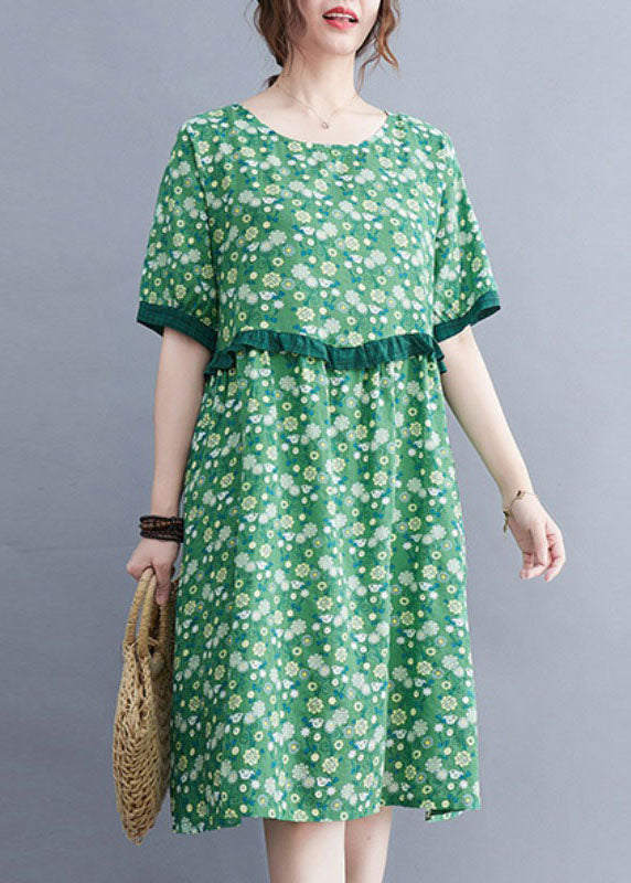 Art Green O-Neck Print Patchwork Ruffles Cotton Linen Mid Dresses Short Sleeve