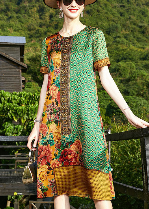 Art Green O-Neck Print 2022 Silk Formal Dresses Short Sleeve