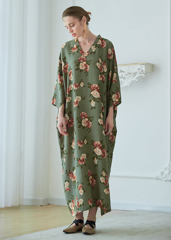 Art Green V Neck Print Pockets Chiffon Robe Dresses Summer